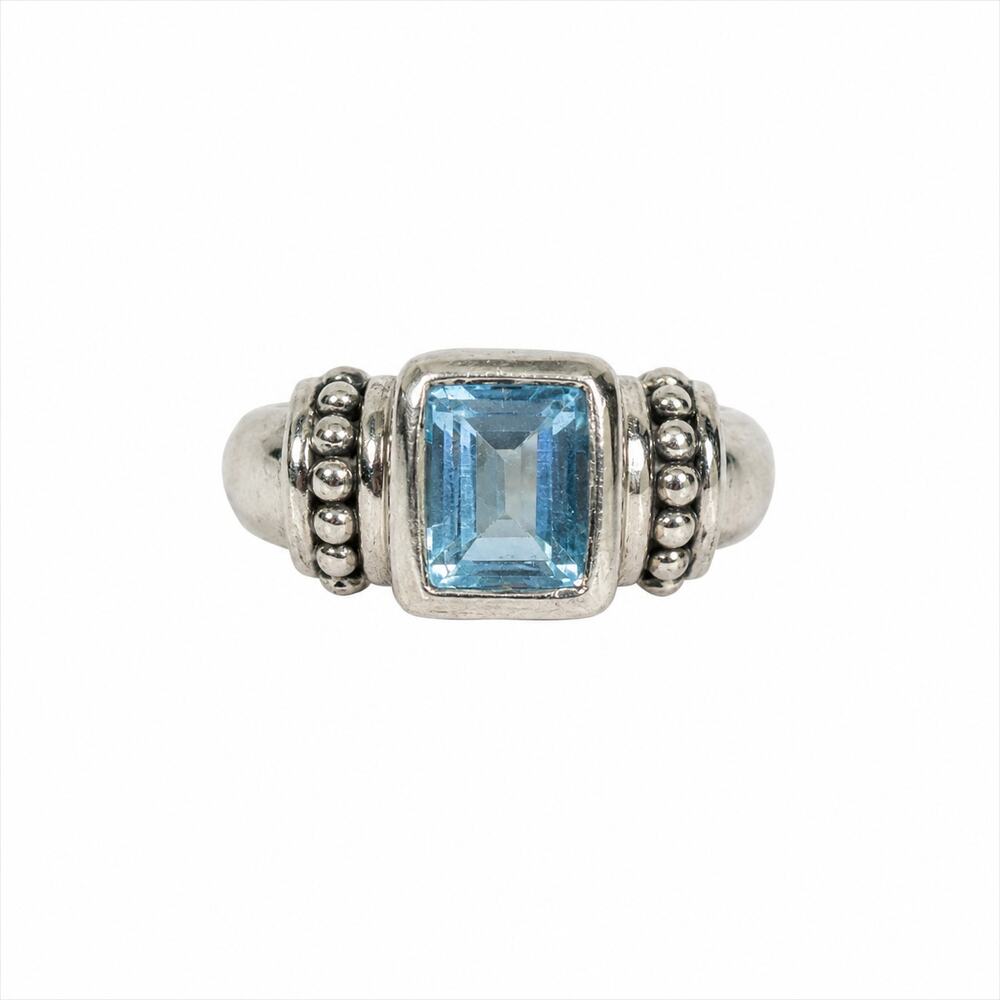 925 Sterling Silver Blue Topaz Ring Size 7.25 Emerald Cut Statement Ring